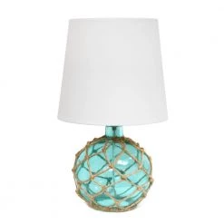 15.25 in. 1-Light Aqua Buoy Rope Nautical Netted Coastal Ocean Sea Glass Table Lamp with White Fabric Shade by Elegant Designs