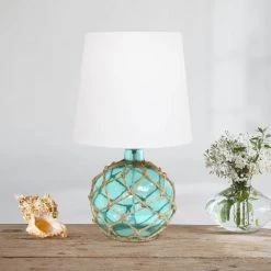 15.25 in. 1-Light Aqua Buoy Rope Nautical Netted Coastal Ocean Sea Glass Table Lamp with White Fabric Shade by Elegant Designs -JAZAVA Sales Store aqua elegant designs table lamps lt1050 aqu 76 1000