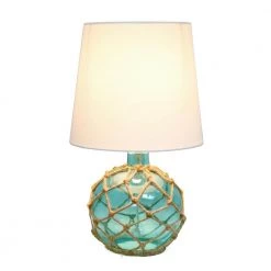 15.25 in. 1-Light Aqua Buoy Rope Nautical Netted Coastal Ocean Sea Glass Table Lamp with White Fabric Shade by Elegant Designs -JAZAVA Sales Store aqua elegant designs table lamps lt1050 aqu c3 1000