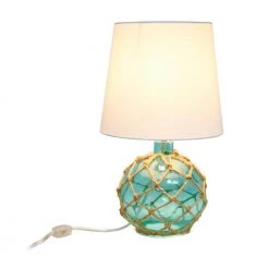 15.25 in. 1-Light Aqua Buoy Rope Nautical Netted Coastal Ocean Sea Glass Table Lamp with White Fabric Shade by Elegant Designs -JAZAVA Sales Store aqua elegant designs table lamps lt1050 aqu fa 1000