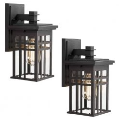 12 in. 1-Light Black With Clear Glass Hardwired Outdoor Wall Lantern Sconce Light 2-Pack by JAZAVA