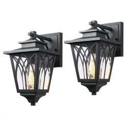 1-Light Black Hardwired Outdoor Wall Lantern Sconce with Seeded Glass Pier Mount Light by JAZAVA
