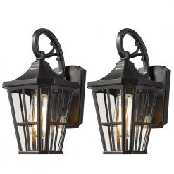 Modern 1-Light Hardwired Black Outdoor Wall Lantern Sconce with Glass (2-Pack) by JAZAVA