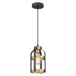 1-Light Black and Gold Finish Cage Pendant Light with Metal Shade by JAZAVA