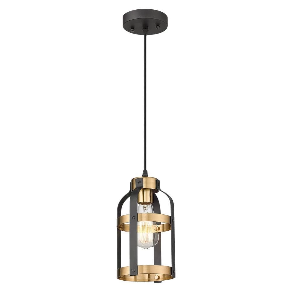 1-Light Black and Gold Finish Cage Pendant Light with Metal Shade by JAZAVA 1 1-Light Black and Gold Finish Cage Pendant Light with Metal Shade by JAZAVA
