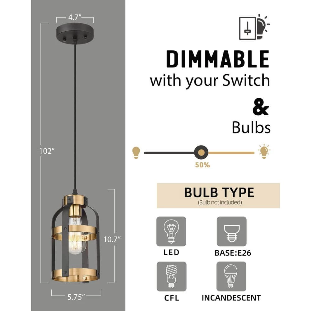 1-Light Black and Gold Finish Cage Pendant Light with Metal Shade by JAZAVA 2 1-Light Black and Gold Finish Cage Pendant Light with Metal Shade by JAZAVA - Image 2