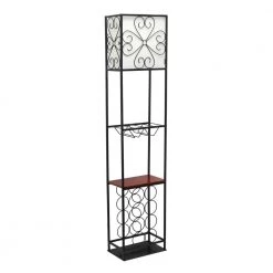 63 in. 1-Light Black Etagere Organizer Wood Accented Storage Shelf and Wine Rack Floor Lamp with Linen Shade by Elegant Designs