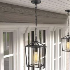 1-Light Black Outdoor Chandelier Lantern Shaded Pendant Light with Metal/Glass Shade by JAZAVA -JAZAVA Sales Store black jazava chandeliers hd20065h bk c3 1000