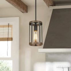 1-Light Matte Black/Wood Single Chandelier Pendant Light with Metal Shade by JAZAVA