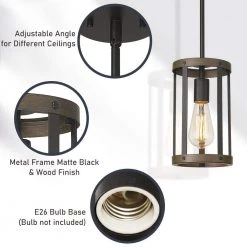 1-Light Matte Black/Wood Single Chandelier Pendant Light with Metal Shade by JAZAVA -JAZAVA Sales Store black jazava chandeliers pda1141 fbdt 76 1000