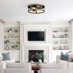 12.9 in. 2-Light Wood and Matte Black Flush Mount by JAZAVA -JAZAVA Sales Store black jazava flush mount lights fma1138 fbdt 1f 1000