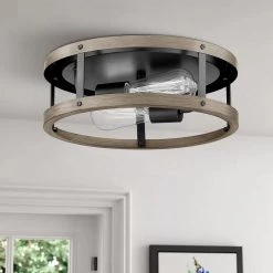 12.9 in. 2-Light Wood and Matte Black Flush Mount by JAZAVA -JAZAVA Sales Store black jazava flush mount lights fma1138 fbdt 4f 1000