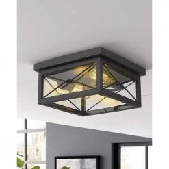 12 in. 2-Light Black Flush Mount Farmhouse Ceiling Light by JAZAVA 9 12 in. 2-Light Black Flush Mount Farmhouse Ceiling Light by JAZAVA -JAZAVA Sales Store black jazava flush mount lights hd0387b cl bk 1f 1000