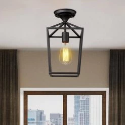 13 in. 1-Light Black Semi-Flush Mount Ceiling Light by JAZAVA -JAZAVA Sales Store black jazava flush mount lights hd20065b1 f1bk 1f 1000