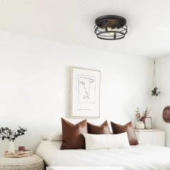 12 in. 2-Light Farmhouse Black Metal Cage Ceiling Flush Mount Light by JAZAVA -JAZAVA Sales Store black jazava flush mount lights hd4fd21 f bk fa 1000