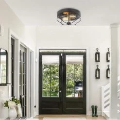 12 in. 2-Light Farmhouse Black Ceiling Light Fixture with Seeded Glass Shade Flush Mount by JAZAVA -JAZAVA Sales Store black jazava flush mount lights hd5htj7 f bkdm 4f 1000