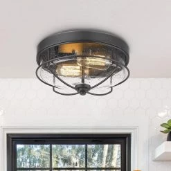 12 in. 2-Light Farmhouse Black Ceiling Light Fixture with Seeded Glass Shade Flush Mount by JAZAVA -JAZAVA Sales Store black jazava flush mount lights hd5htj7 f bkdm c3 1000