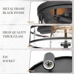 12 in. 2-Light Black Farmhouse Flush Mount with Clear Glass/Metal Shade by JAZAVA -JAZAVA Sales Store black jazava flush mount lights hdfma1415 mbk 44 1000