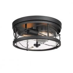12 in. 2-Light Black Farmhouse Flush Mount with Clear Glass/Metal Shade by JAZAVA