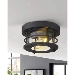 10 in. 2-Light Black Flush Mount Farmhouse Ceiling Light with Seeded Glass by JAZAVA -JAZAVA Sales Store black jazava flush mount lights hdwe2085f bk 1f 1000