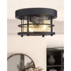 10 in. 2-Light Black Flush Mount Farmhouse Ceiling Light with Seeded Glass by JAZAVA -JAZAVA Sales Store black jazava flush mount lights hdwe2085f bk 4f 1000