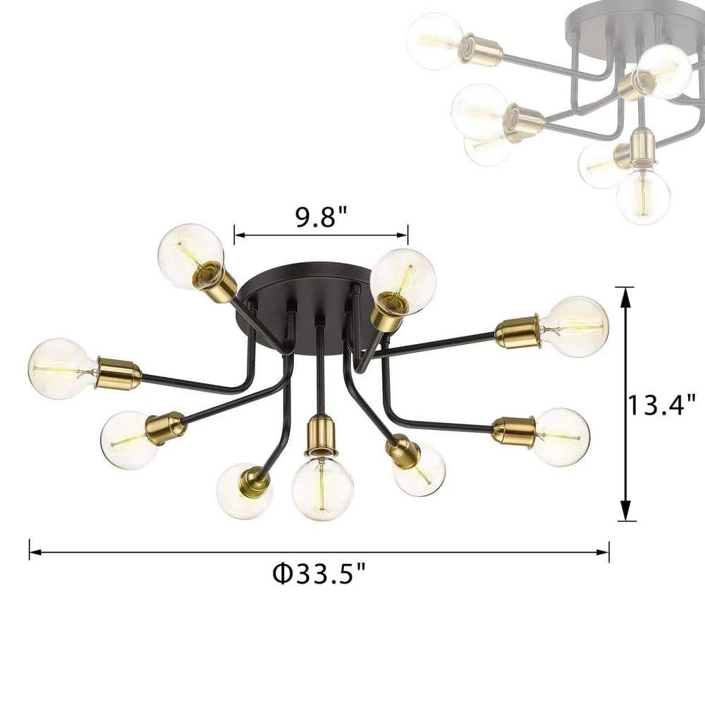33.5 in. 9-Light Black and Gold Semi-Flush Mount Modern Industrial Ceiling Light Chandelier by JAZAVA 3 33.5 in. 9-Light Black and Gold Semi-Flush Mount Modern Industrial Ceiling Light Chandelier by JAZAVA - Image 3
