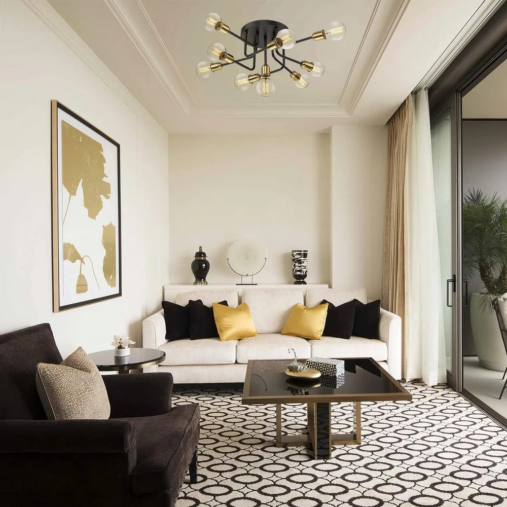 33.5 in. 9-Light Black and Gold Semi-Flush Mount Modern Industrial Ceiling Light Chandelier by JAZAVA 2 33.5 in. 9-Light Black and Gold Semi-Flush Mount Modern Industrial Ceiling Light Chandelier by JAZAVA - Image 2