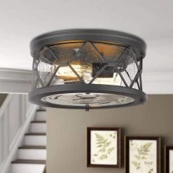12 in. 2-Light Black Finish with Seeded Glass Shade Ceiling Flush Mount Light by JAZAVA -JAZAVA Sales Store black jazava flush mount lights hdzw22 f bkdm 1f 1000