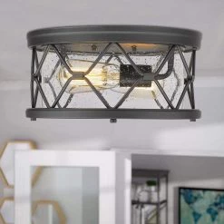 12 in. 2-Light Black Finish with Seeded Glass Shade Ceiling Flush Mount Light by JAZAVA -JAZAVA Sales Store black jazava flush mount lights hdzw22 f bkdm 44 1000