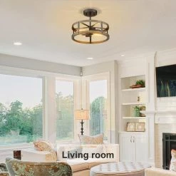 12.9 in. 2-light Matte Black and Wood Semi-Flush Mount Light by JAZAVA -JAZAVA Sales Store black jazava flush mount lights sma1139 fbdt 44 1000