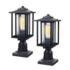 1-Light Black Outdoor Post Lantern with Ribbed Glass (2-Pack) by JAZAVA