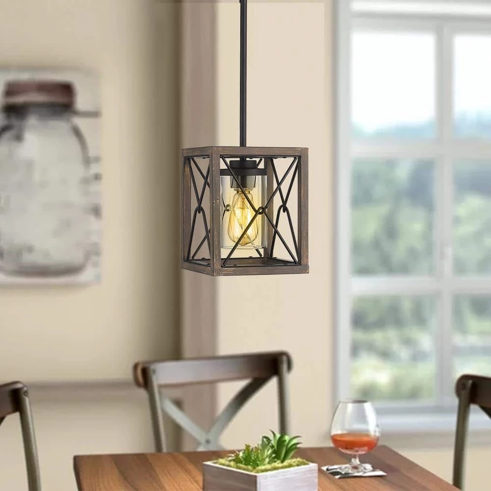 1-Light Wood and Black Farmhouse Caged Chandelier Pendant Light with Metal Shade by JAZAVA 5 1-Light Wood and Black Farmhouse Caged Chandelier Pendant Light with Metal Shade by JAZAVA - Image 5