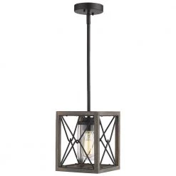 1-Light Wood and Black Farmhouse Caged Chandelier Pendant Light with Metal Shade by JAZAVA