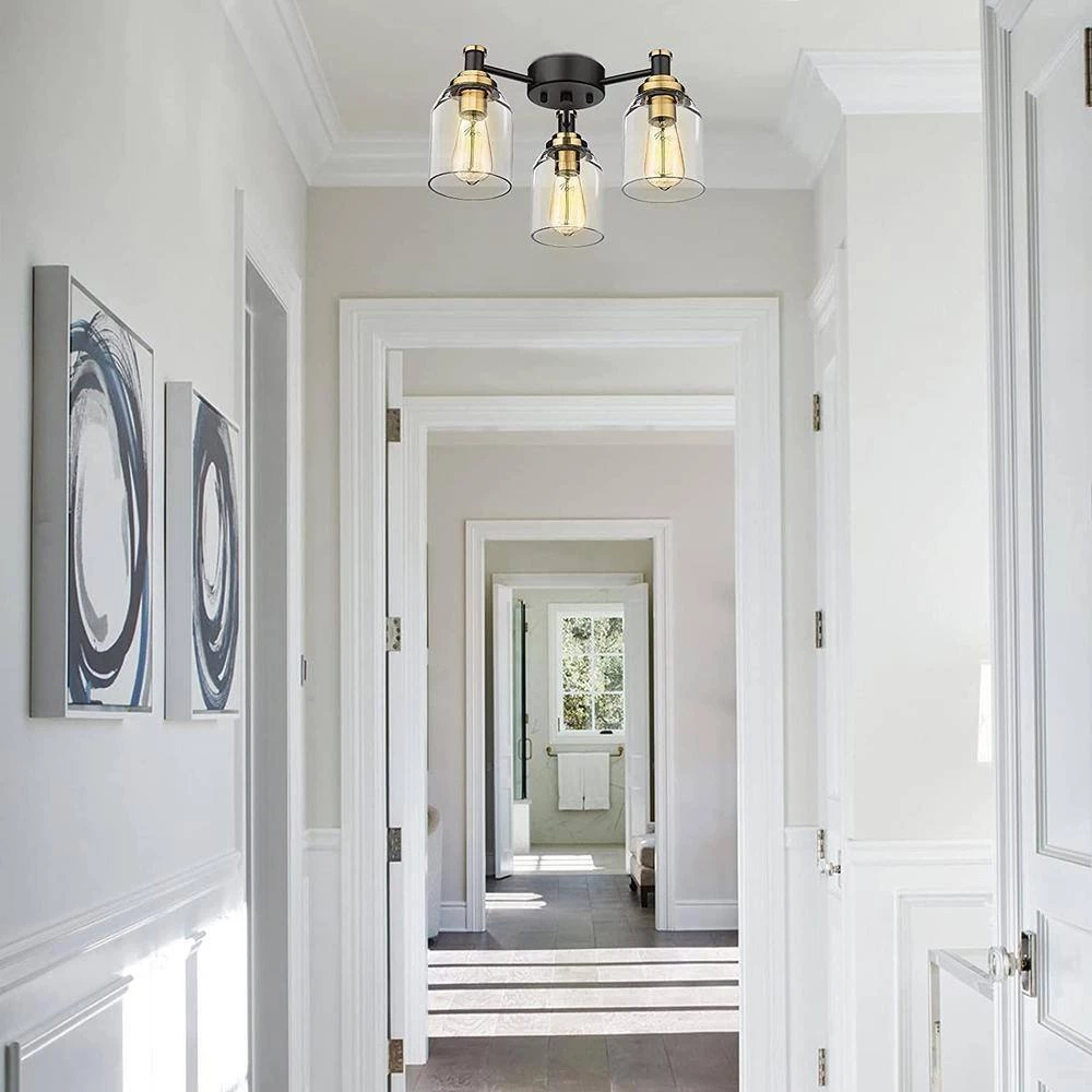 3-Light Black and Glod with Clear Shade Semi-Flush Mount by JAZAVA 2 3-Light Black and Glod with Clear Shade Semi-Flush Mount by JAZAVA - Image 2