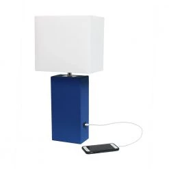 21 in. Blue Modern Leather Table Lamp with USB and White Fabric Shade by Elegant Designs -JAZAVA Sales Store blue elegant designs table lamps lt1053 blu 1f 1000