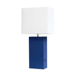 21 in. Blue Modern Leather Table Lamp with USB and White Fabric Shade by Elegant Designs