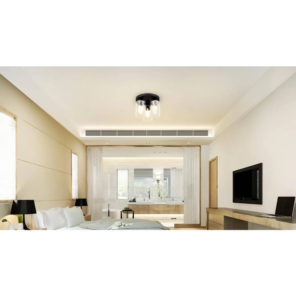 11 in. 3-Light Bronze Flush Mount Ceiling Light Fixture with Clear Glass Shade by JAZAVA 5 11 in. 3-Light Bronze Flush Mount Ceiling Light Fixture with Clear Glass Shade by JAZAVA - Image 5