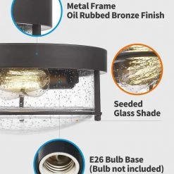 12 in. 2-Light Oil Rubbed Bronze Finish With Seeded Glass Shade Ceiling Flush Mount Light Fixture by JAZAVA -JAZAVA Sales Store bronze jazava flush mount lights hd4ftj22 f orb 44 1000