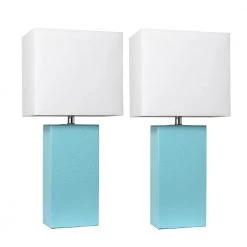 21 in. Modern Aqua Leather Table Lamps with White Fabric Shades (2-Pack) by Elegant Designs