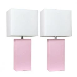 21 in. Modern Blush Pink Leather Table Lamps with White Fabric Shades (2-Pack) by Elegant Designs