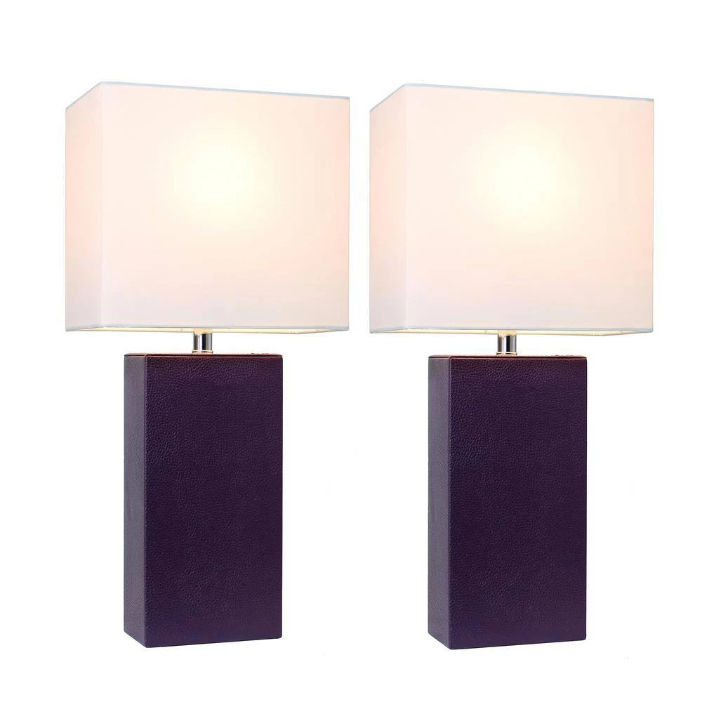 21 in. Modern Eggplant Leather Table Lamps with White Fabric Shades (2-Pack) by Elegant Designs 2 21 in. Modern Eggplant Leather Table Lamps with White Fabric Shades (2-Pack) by Elegant Designs - Image 2