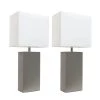 21 in. Modern Gray Leather Table Lamps with White Fabric Shades (2-Pack) by Elegant Designs