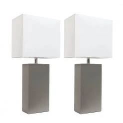 21 in. Modern Gray Leather Table Lamps with White Fabric Shades (2-Pack) by Elegant Designs