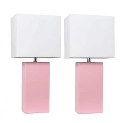 21 in. Modern Pink Leather Table Lamps with White Fabric Shades (2-Pack) by Elegant Designs