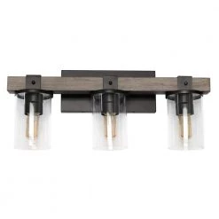 3-Light Gray Industrial Rustic Lantern Restored Wood Look Bath Vanity Light by Elegant Designs