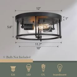 12 in. 2-Light Farmhouse Matte Black Finish Flush Mount with Seeded Glass Shade by JAZAVA 8 12 in. 2-Light Farmhouse Matte Black Finish Flush Mount with Seeded Glass Shade by JAZAVA -JAZAVA Sales Store matte black jazava flush mount lights hdfma1413 mbk 1f 1000