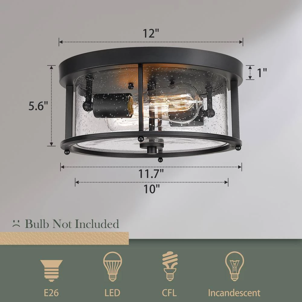 12 in. 2-Light Farmhouse Matte Black Finish Flush Mount with Seeded Glass Shade by JAZAVA 4 12 in. 2-Light Farmhouse Matte Black Finish Flush Mount with Seeded Glass Shade by JAZAVA - Image 4