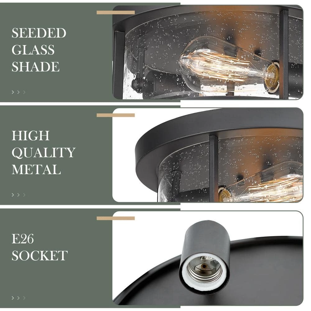 12 in. 2-Light Farmhouse Matte Black Finish Flush Mount with Seeded Glass Shade by JAZAVA 5 12 in. 2-Light Farmhouse Matte Black Finish Flush Mount with Seeded Glass Shade by JAZAVA - Image 5