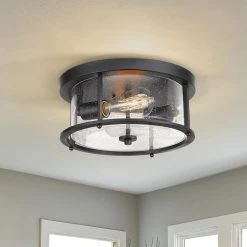 12 in. 2-Light Farmhouse Matte Black Finish Flush Mount with Seeded Glass Shade by JAZAVA 7 12 in. 2-Light Farmhouse Matte Black Finish Flush Mount with Seeded Glass Shade by JAZAVA -JAZAVA Sales Store matte black jazava flush mount lights hdfma1413 mbk 4f 1000