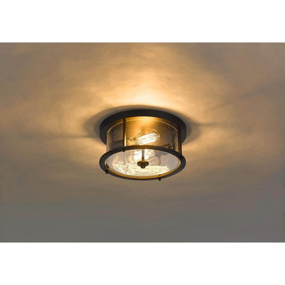 12 in. 2-Light Farmhouse Matte Black Finish Flush Mount with Seeded Glass Shade by JAZAVA 2 12 in. 2-Light Farmhouse Matte Black Finish Flush Mount with Seeded Glass Shade by JAZAVA - Image 2